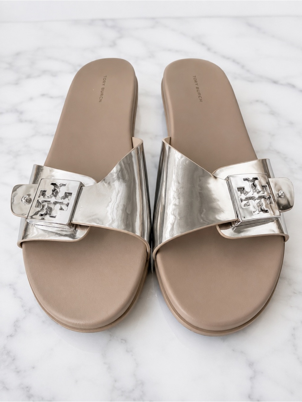 Tory Burch Silver Metallic Slide Sandals with Taupe Footbed